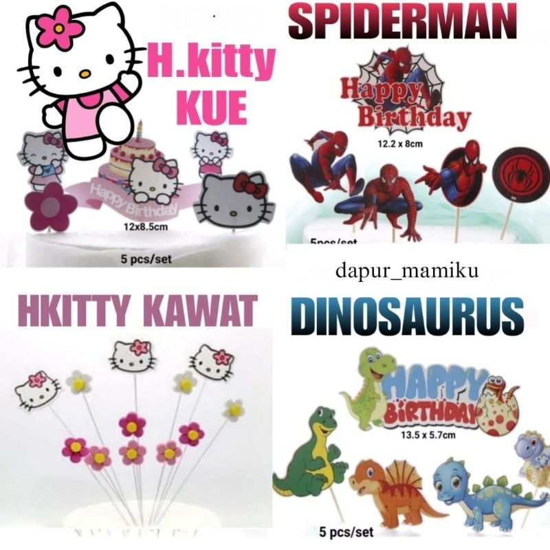 DAPURMAMI Topper Hello Kitty Spiderman Dinosaurus Hiasan Kue Tart Karakter topper ultah happy birthd