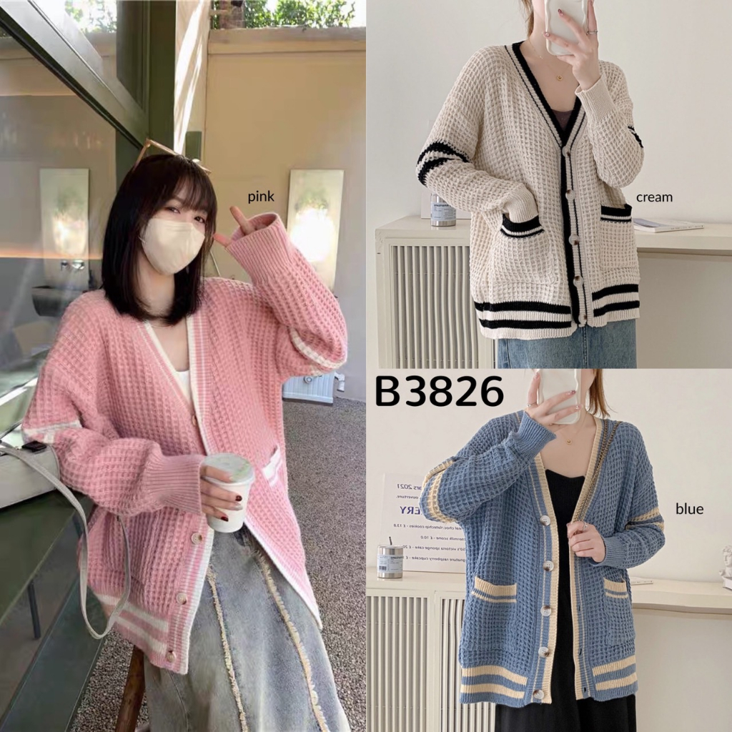 Waffle Contrast Knit Oversize Cardigan B3826