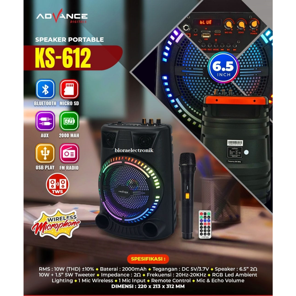 Speaker Bluetooth Advance KS-621 Speaker Bluetooth 6,5 Inch Free Mic Wireless