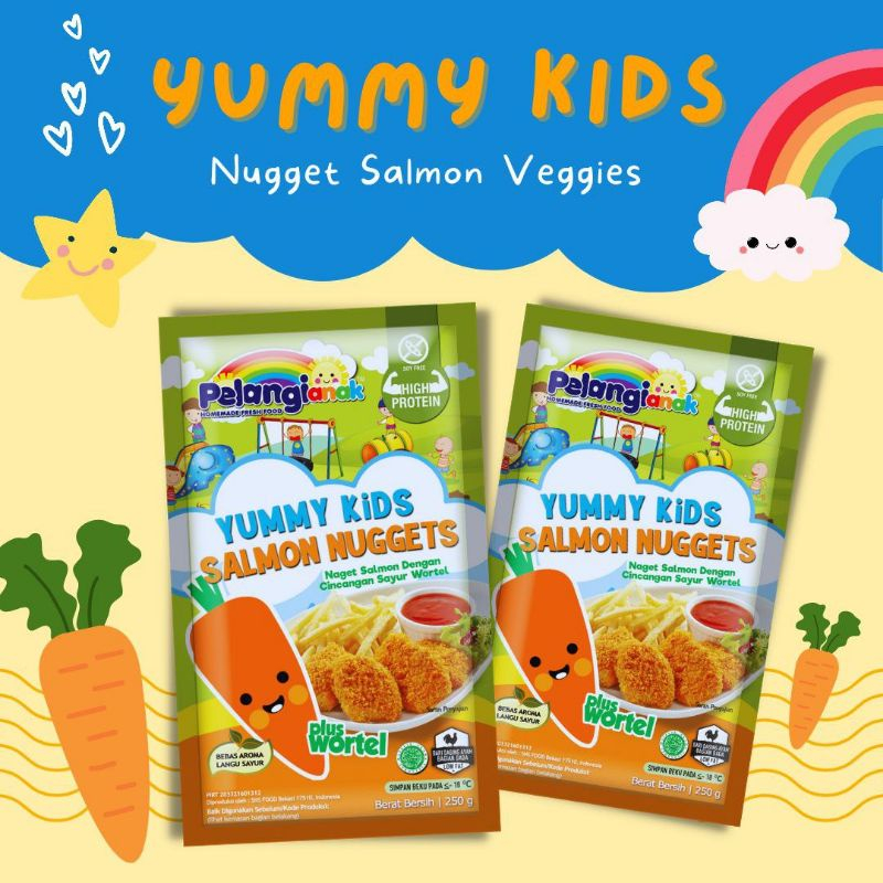 

Nugget Salmon Plus Wortel Halal YUMMY KIDS Naget Non MSG & Non Pengawet kemasan 250gr Pelangi Frozenfood