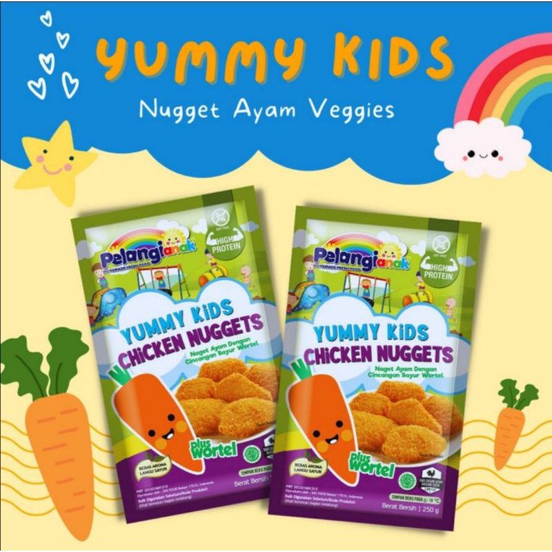 

Nugget Ayam Plus Wortel YUMMY KIDS Halal Non MSG & Non Pengawet 350gr Pelangi Anak Frozenfood