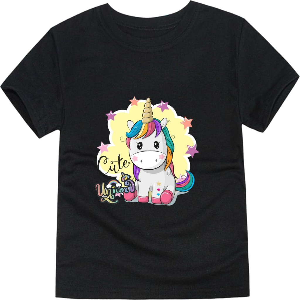 Baju Kaos Anak Combed Unicorn Laki Laki dan Perempuan Usia 1-10 Tahun Warna Hitam