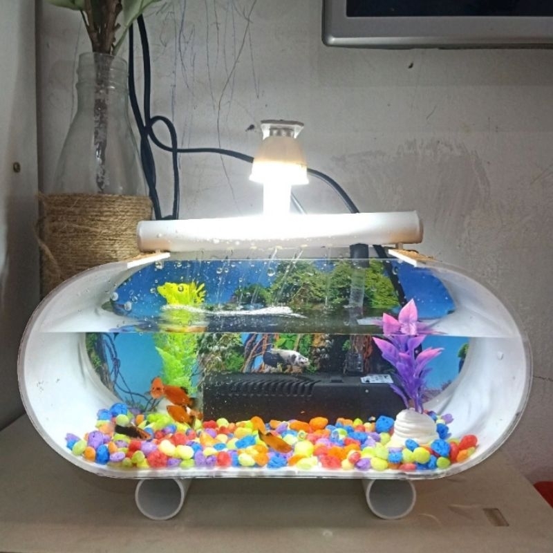 AQUARIUM MINI AKRILIK PVC IKAN HIAS/IKAN CUPANG FULLSET LAMPU LED POMPA FILTER AIR MANCUR/AQUARIUM M