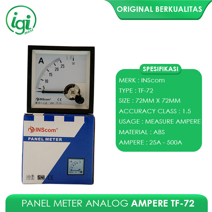 PANEL METER ANALOG AMPER DIRECT 72X72 JARUM 50A - 500V INSCOM