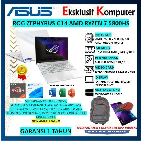 ASUS ROG ZEPHYRUS G14 GA401QM RYZEN 7 5800HS 16GB 512GB RTX3060-6GB