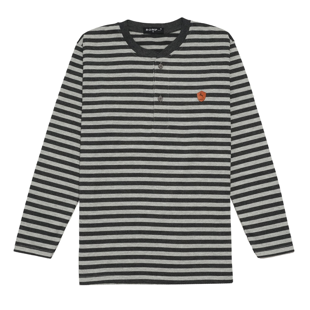 ROMP T-Shirt Stripe Pria Kancing Lengan Panjang - Klep Abu muda