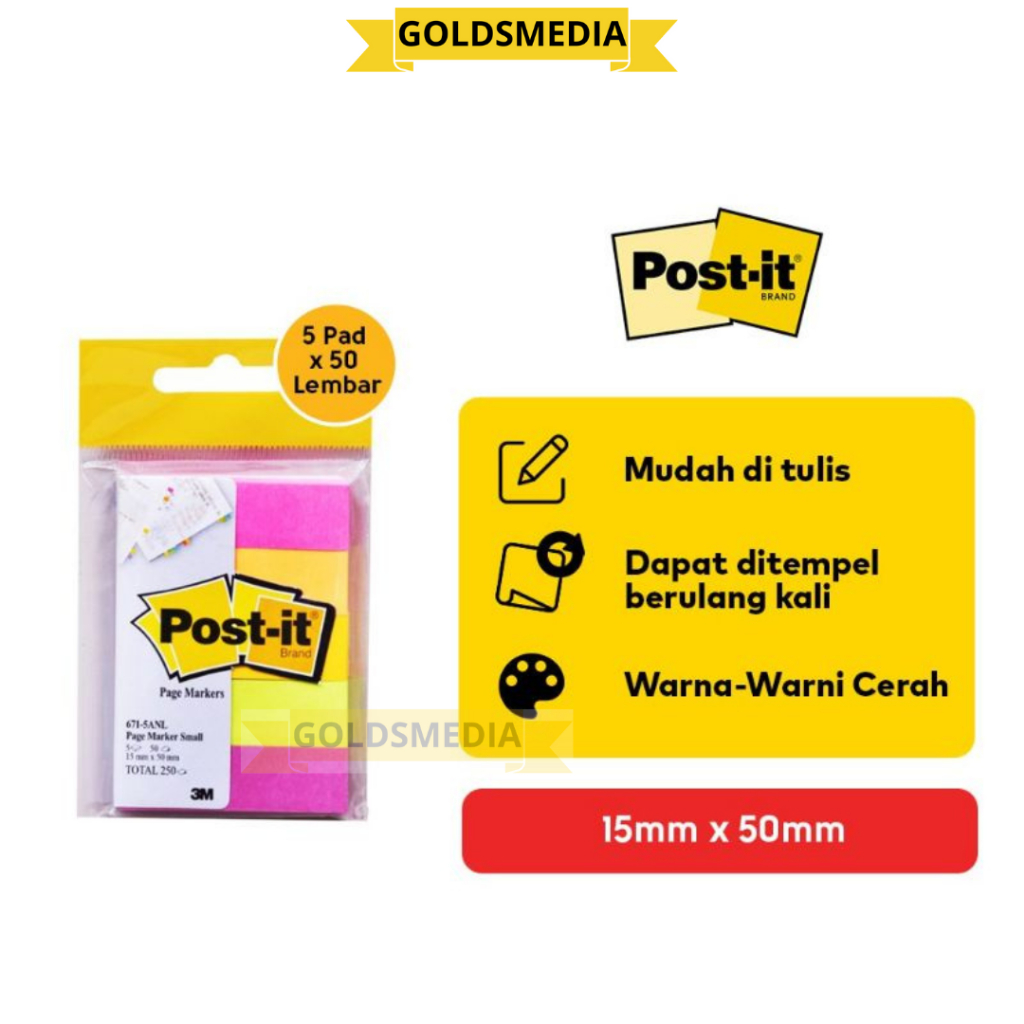 

Kertas Post It / 3M Post-it Page Marker Small 671-5ANL / Assorted Color (15mm x 50mm)