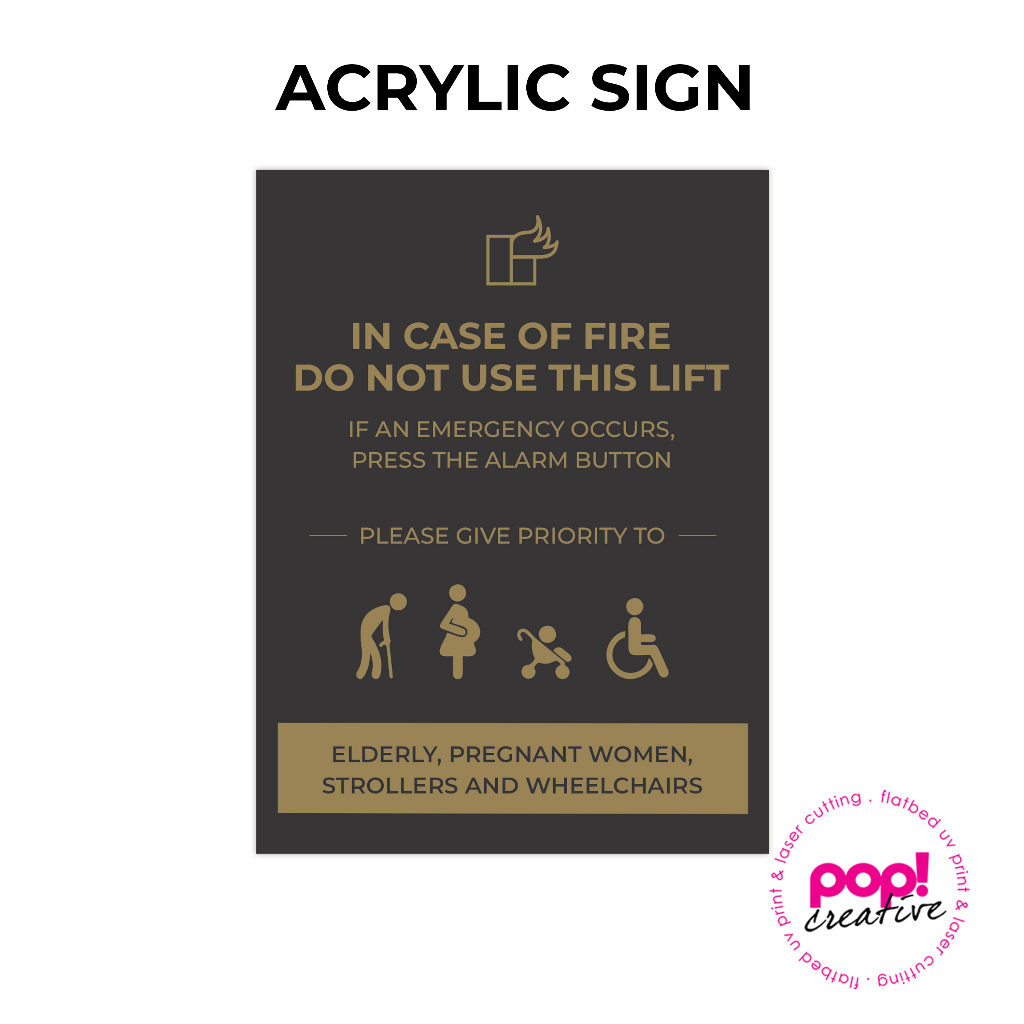 Lift Sign Acrylic Tulisan Akrilik untuk lift himbauan naik eskalator IN CASE OF FIRE DO NOT USE LIFT