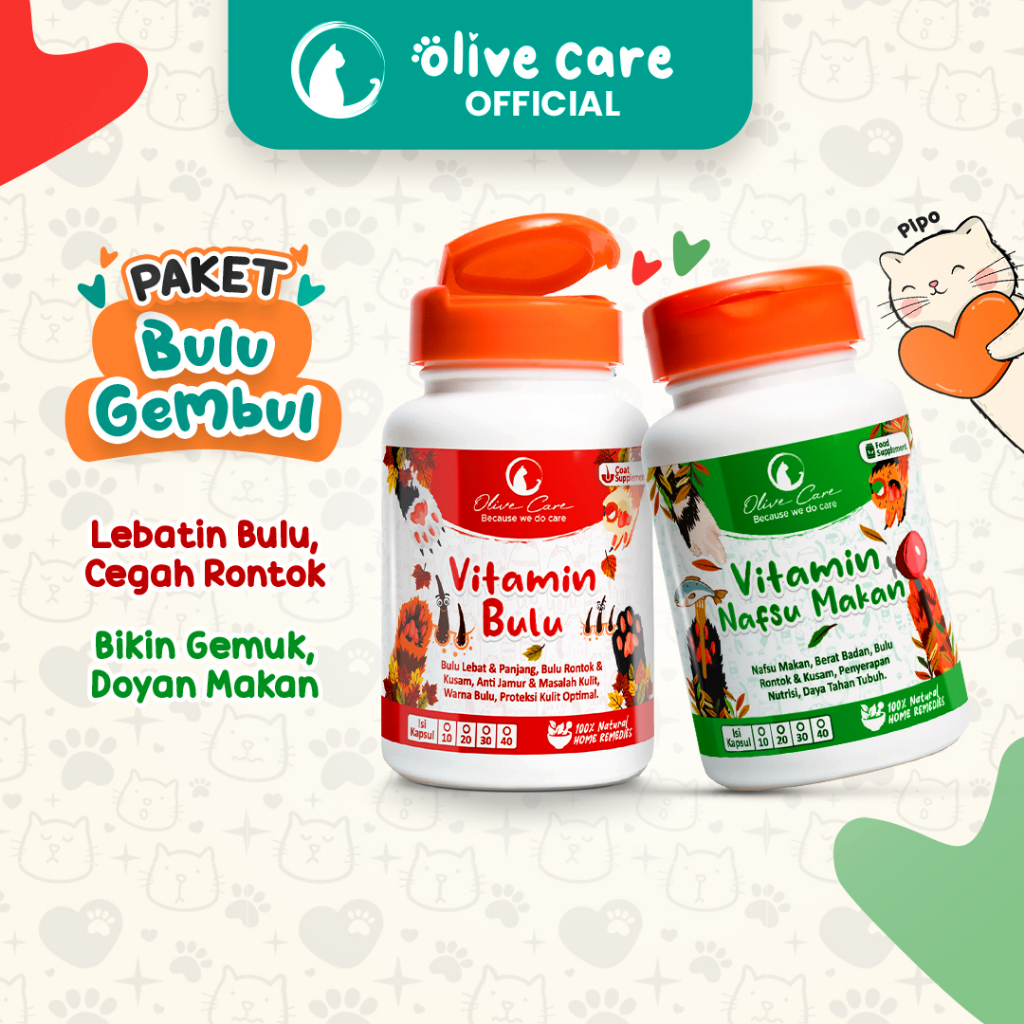 Olive Care Vitamin Kucing Paket BULU GEMBUL untuk Nafsu Makan, Badan Gemuk, Bulu Lebat, Gembul dan C