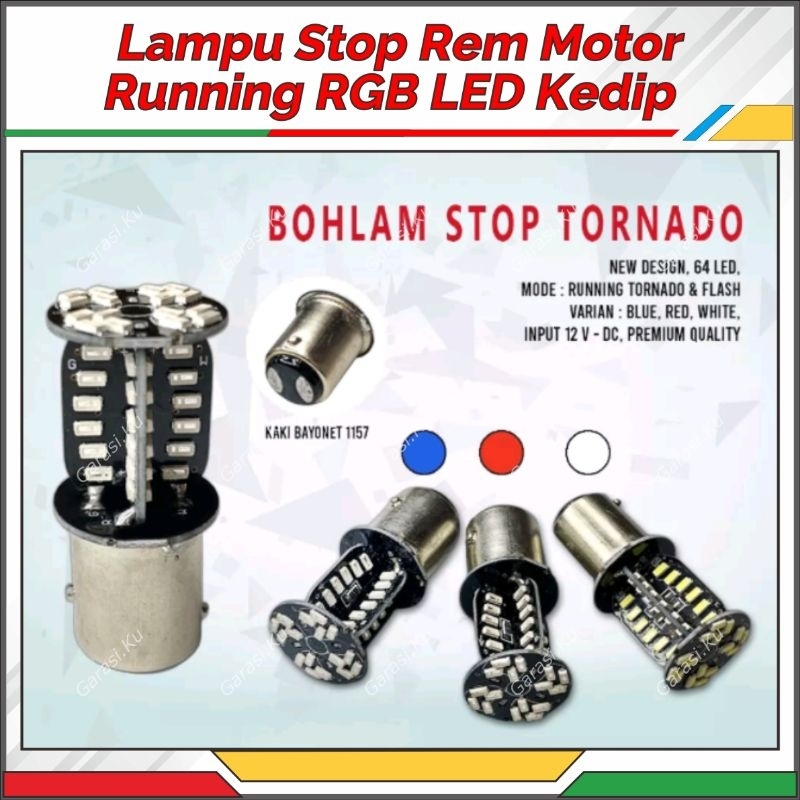 LAMPU REM MOBIL MOTOR LED KEDIP BERPUTAR TORNADO RUNNING RGB PELANGI KAKI 2 BAY15D SUPRA JUPITER KHA
