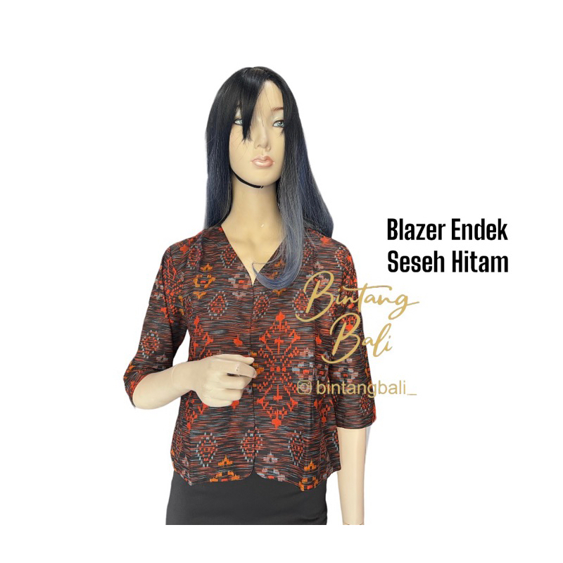 Blazer Wanita Endek Bali Katun Lengan 3/4 motif Gerimis Seseh warna Hitam Orange