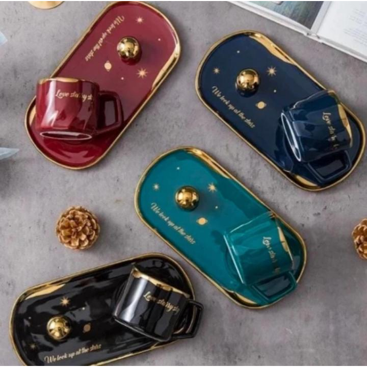 Gelas Sendok Set Tatakan Mug Vintage Sereal Cangkir Keramik Kekinian