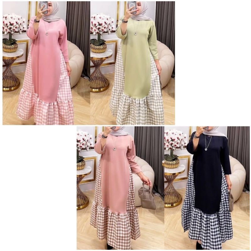 lulu midi dress rayon adem/midi dress wanita/dress midi kotak kotak polos