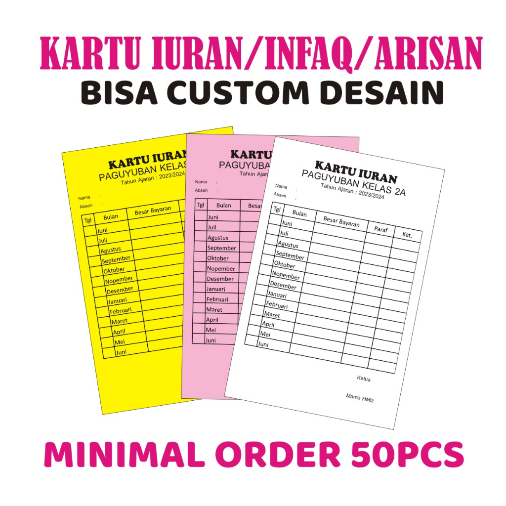 

KARTU IURAN/SPP/INFAQ/ARISAN CUSTOM DESAIN HARGA TERJANGKAU