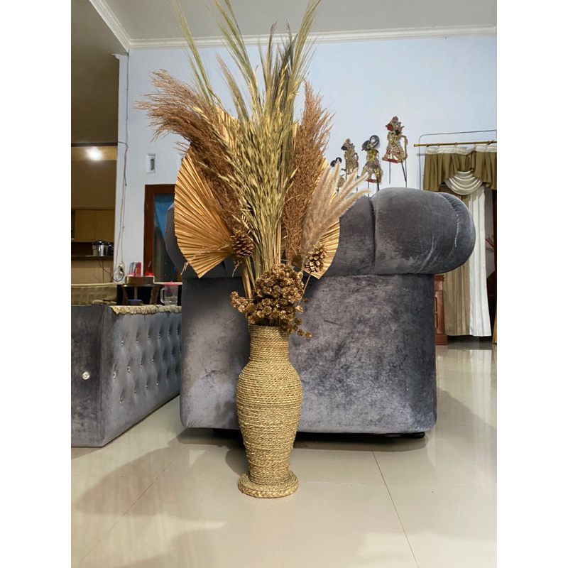 PROMO PAKET LENGKAP BUNGA DAN POT DAUN PALEM KERING BUNGA KERING PAMPAS RAYUNG DEKORASI RUSTIC