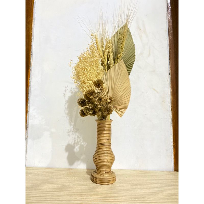 Paket Hemat Bunga Kering dan Pot untuk Meja | Daun Palem Kering | Dried Flower | Dekorasi Rustic | Dekorasi Rumah | Gandum | Hampers | Bahan Mahar