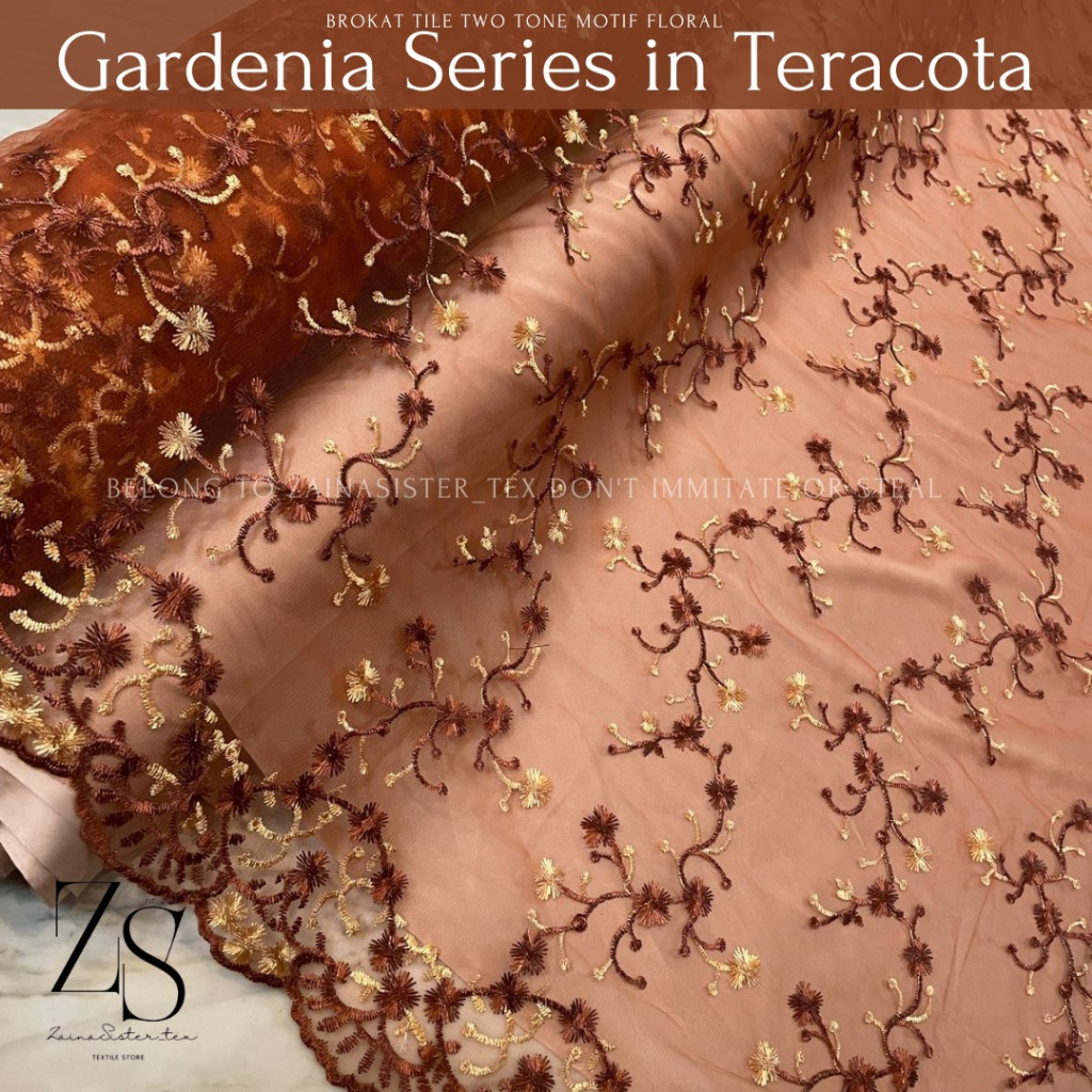 1/2 meter Kain Brokat Tile Two Tone Gardenia Bahan Kebaya Motif Bunga Floral Warna Teracota Bata