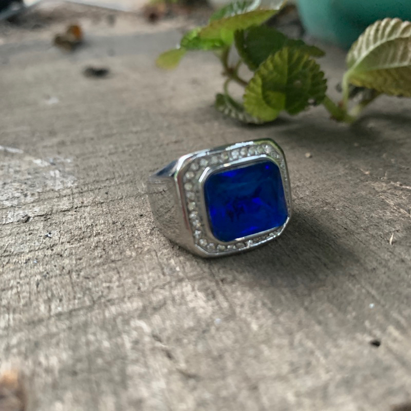 Cincin Pria Batu Blue Saphire Ring Mewah Titanium Real Anti Luntur dan Karat