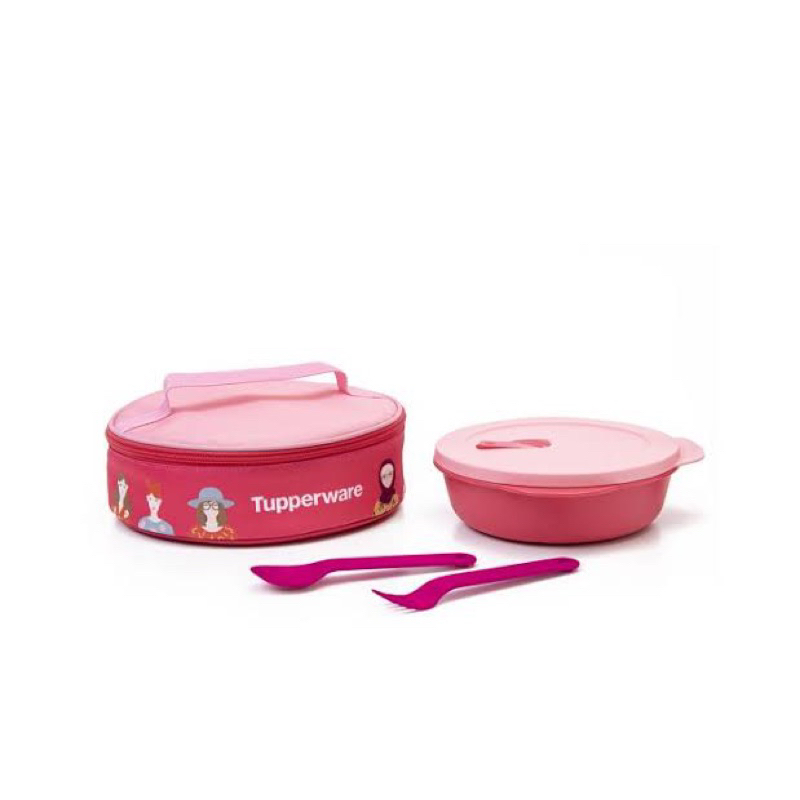 Tempat Makan Bulat Sekat dengan Tas Crystalbowl Tupperware Pink Merah Muda