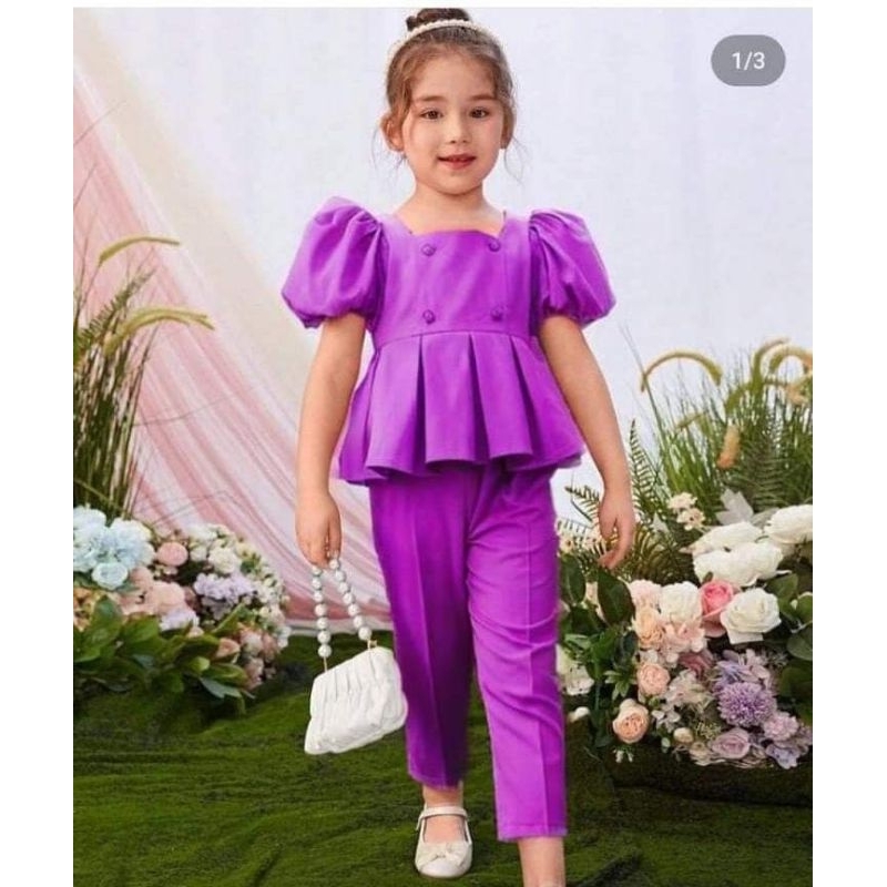 setelan anak perempuan import/ baju lengan balon celana panjang