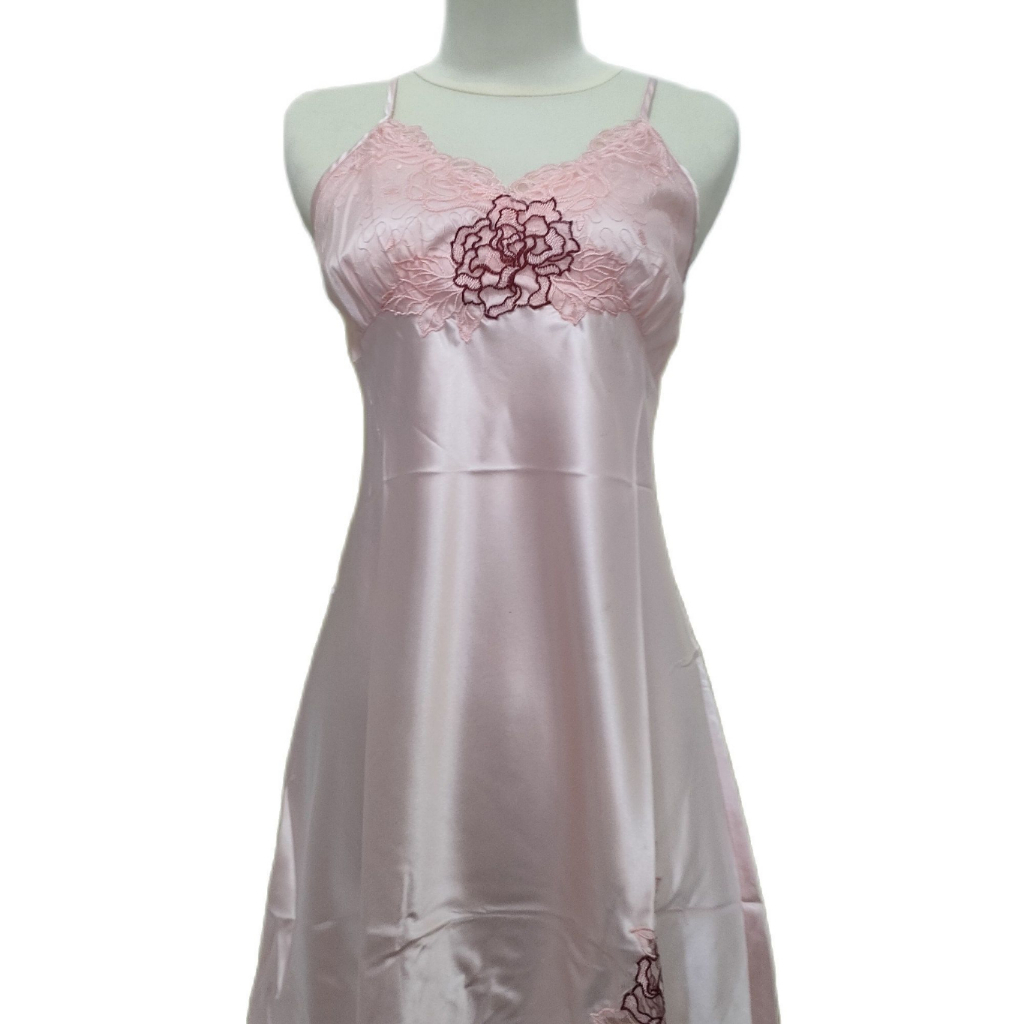 Baju Tidur Premium Satin Tanpa Lengan All Size Satin Silk Dress Motif Bunga Bordir