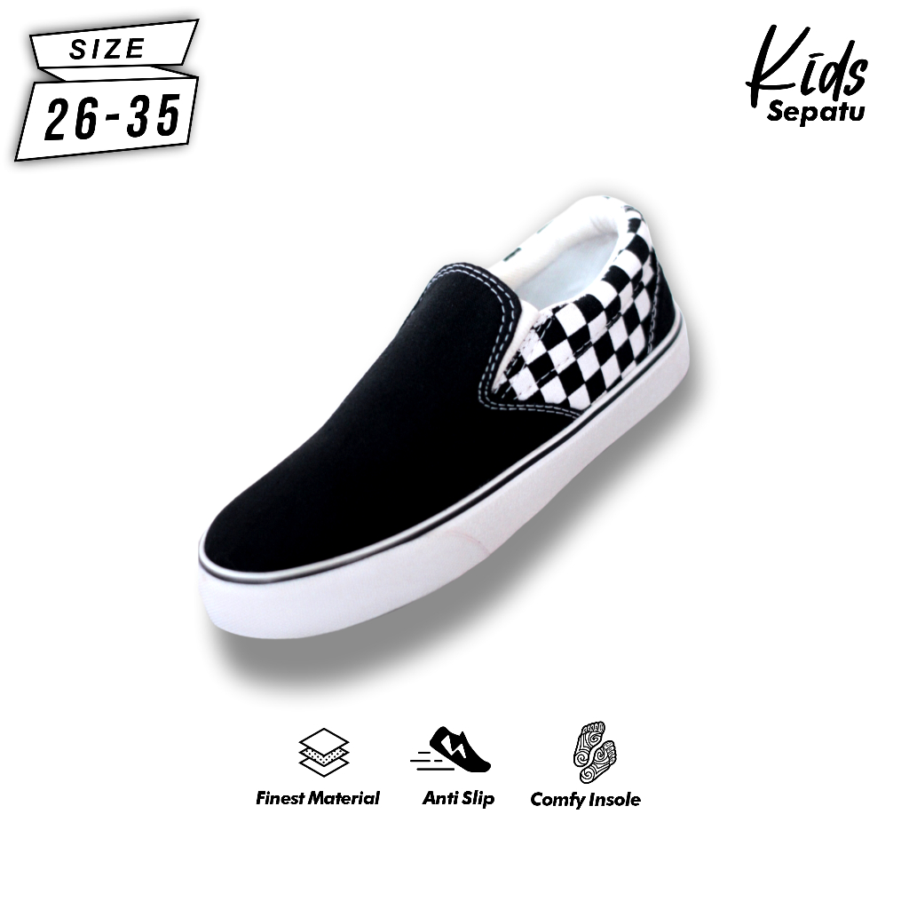 Sepatu Slip On Chekerboard Sneakers Anak Laki - Laki Perempuan Mules Ukuran 26-35 Kasual List Hitam 