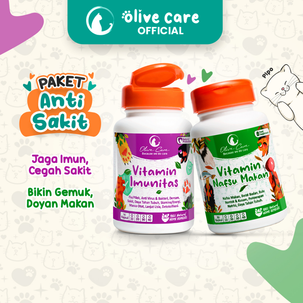 Olive Care Vitamin Kucing Paket ANTI SAKIT & KEKEBALAN TUBUH untuk Daya Tahan Tubuh, Nafsu Makan, De
