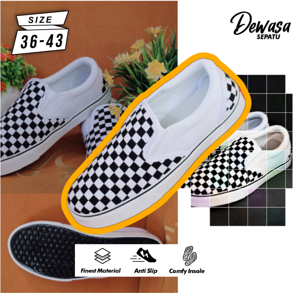 Sepatu Slip On Chekerboard Sneakers Pria Wanita Mules Ukuran 36-43 Kasual Mules