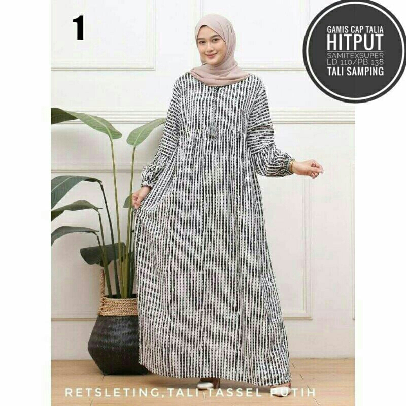 Gamis Batik Cap Talia Hitam Putih Garis
