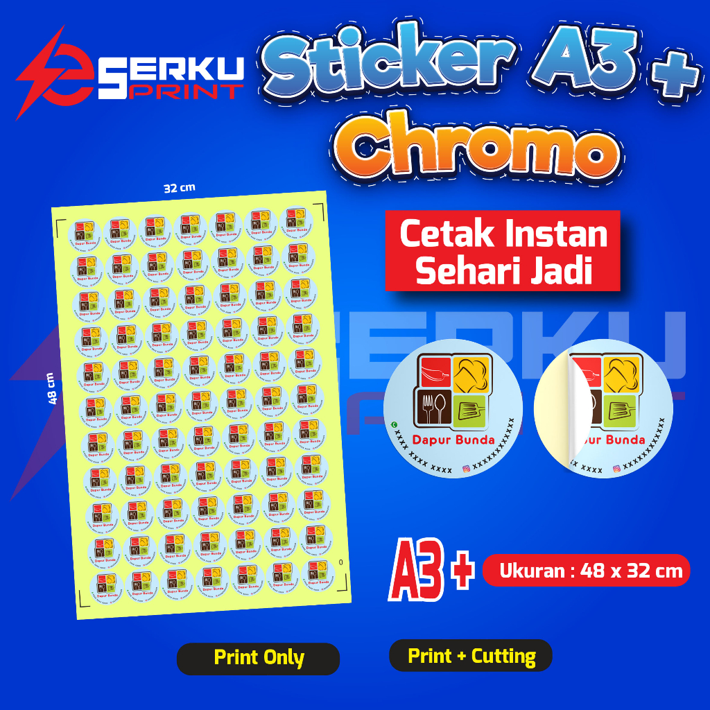 

CETAK INSTAN SEHARI JADI CETAK STIKER CHROMO CUTING A3+ MURAH | CETAK STIKER LABEL KEMASAN MAKANAN & MINUMAN