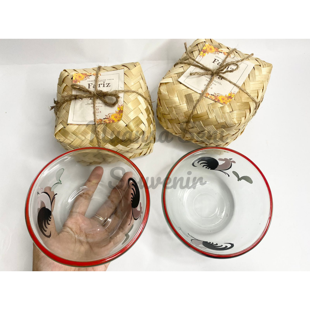 Souvenir Mangkok Kaca BIB5B Ayam Jago Mangkuk Saji Motif Ayam Mangkok Riceball Kaca Bening Polos