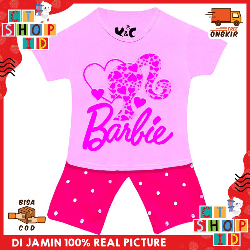 setelan anak perempuan motif barbie soft pink celana pink usia 1-10 tahun