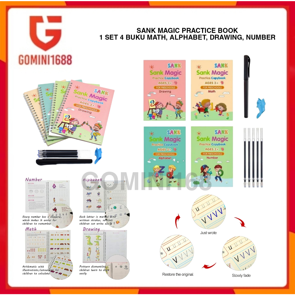 

Sank Magic Practice Book 1 Set Isi 4 Buku Math , Number , Alphabet , Drawing Edukasi Latihan Menulis Menggambar Berhitung Dengan Pen Panduan Belajar TK Impor Dapat Digunakan Ulang