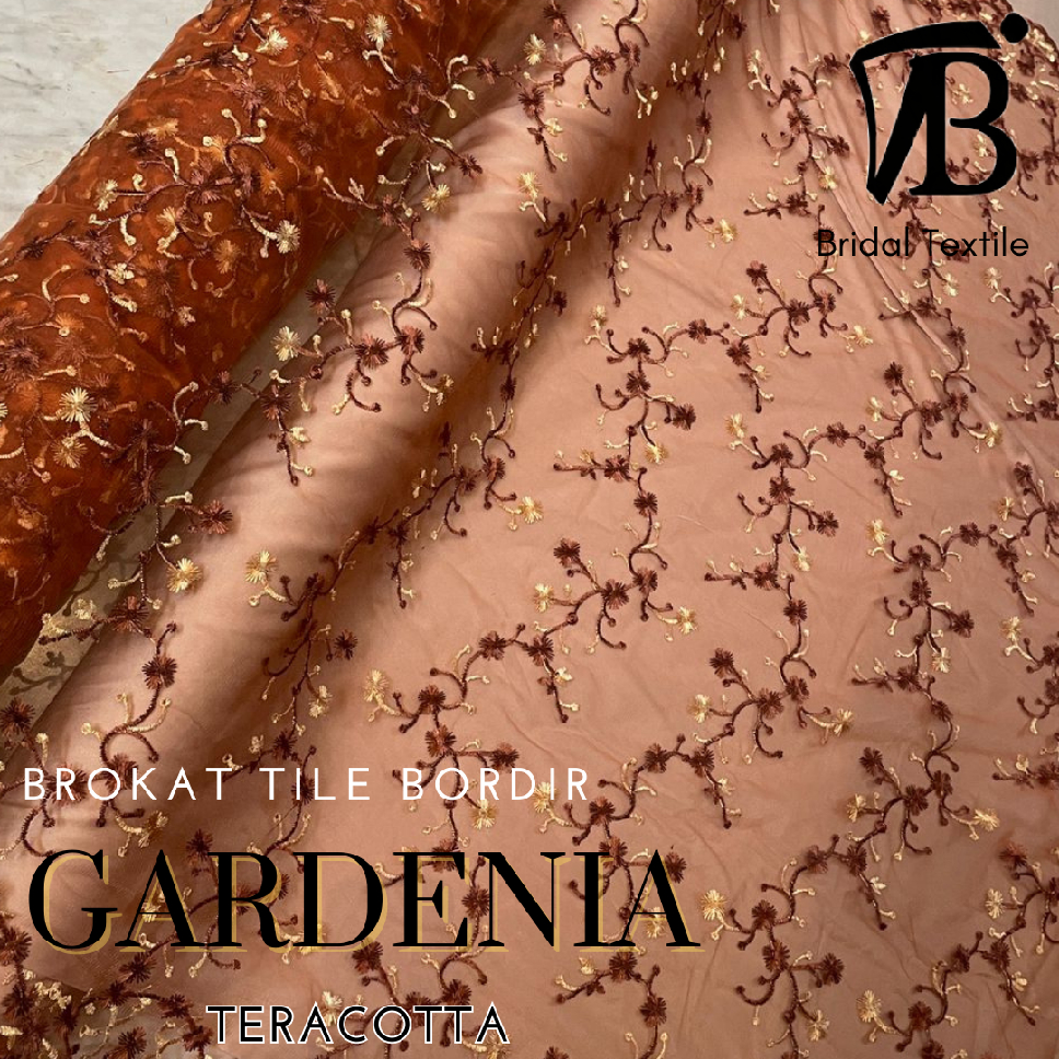 Bahan Kain Brokat Brukat Tile Tulle Bordir Two Tone Meter Meteran Motif Bunga Gardenia Warna Teracot