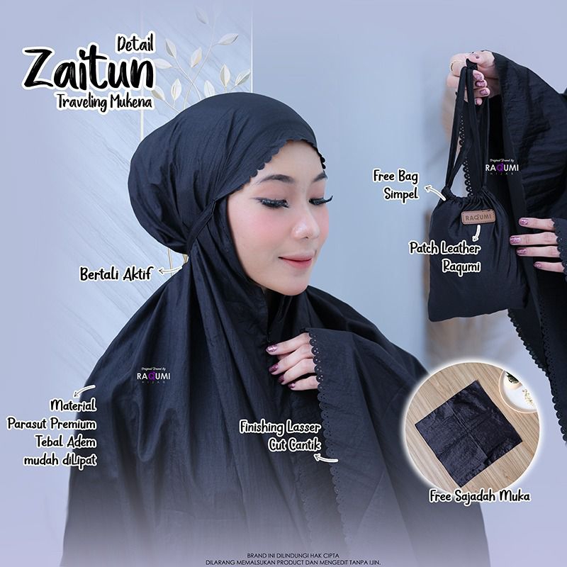 ZAITUN TRAVELING MUKENA RAQUMI ORIGINAL | ZAITUN RAQUMI HIJAB | MUKENA HITAM | MUKENA PARASUT PREMIU
