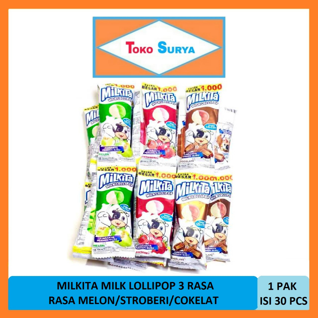 

Milkita Milk Lollipop Rasa Cokelat/Stroberi/Melon 30 Pcs x 9 Gr