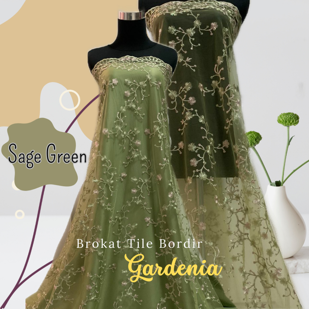 Bahan Kain Meteran Brokat Brukat Tile Tulle Bordir Two Tone Gardenia Warna Hijau Sage Green