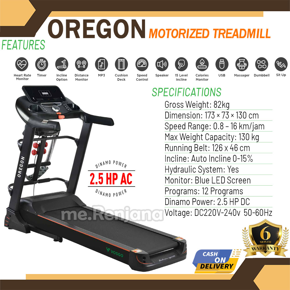 VOSGO - Alat Olahraga Lari Treadmill Elektrik Oregon Alat Fitness di rumah