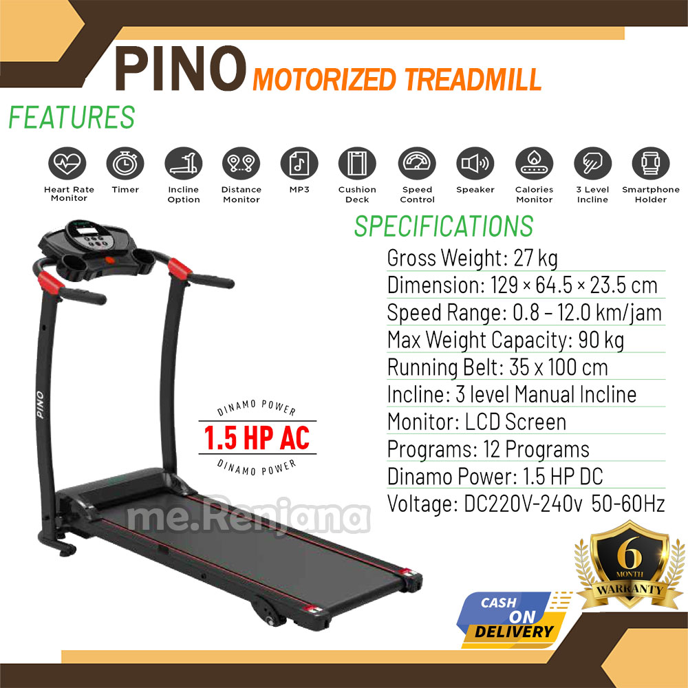 VOSGO - Alat Ftness 1 Fungsi Treadmill Elektrik Pino Motor 1.5hp