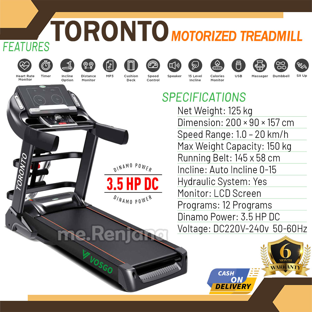 VOSGO - Treadmill Elektrik Toronto Motor 3.5hp Alat Olahraga Lari Multifungsi