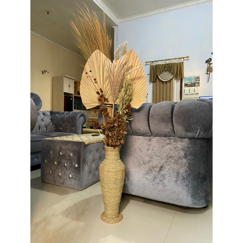 Paket Hemat Dekorasi Rustic dan Pot Tinggi 50cm | Daun Palem Kering | Pampas | Rayung | Bunga Kering | Dried Flower | Dekorasi Rumah