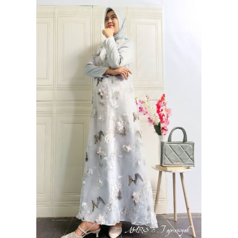 Dress kondangan elegan cantik organza motif kupu-kupu