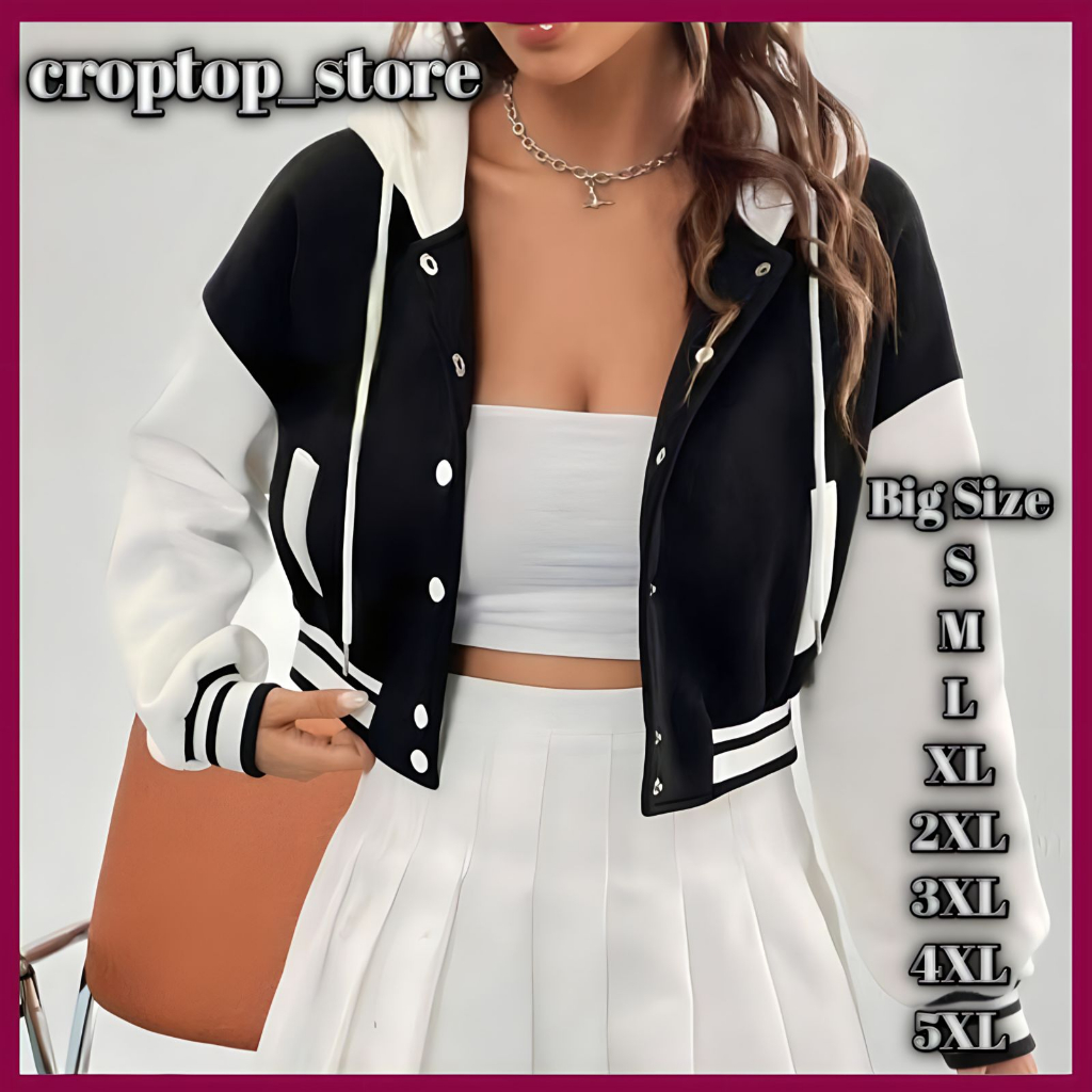 HOODIE VARSITY CROP WANITA JUMBO LONG SLEEVE DUA WARNA 2XL 3XL 4XL 5XL JACKET BASEBALL BIG SIZE KEKI