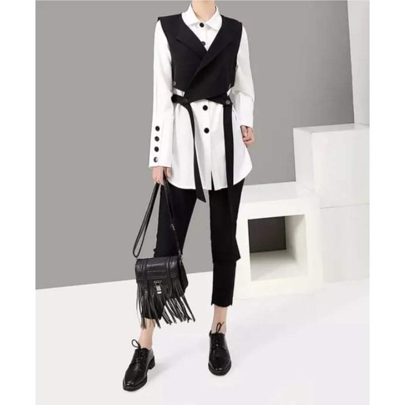 Blus pullover 2in1 kemeja wanita lengan panjang putih/atasan wanita free rompi/tunik wanita/kemaja p