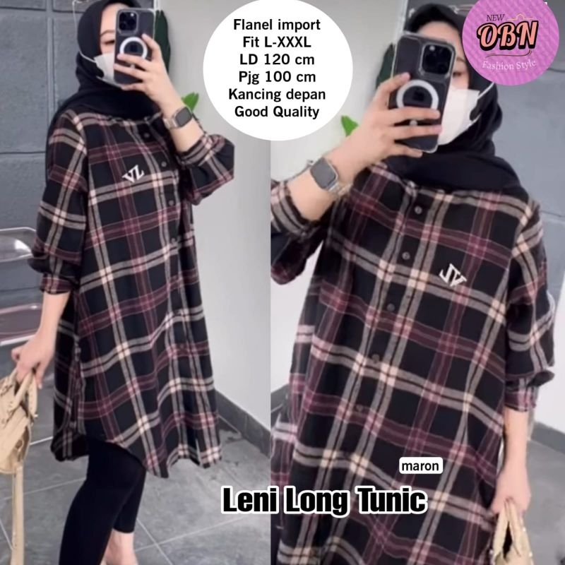LENI LONG TUNIC TOP ATASAN BLOUSE MIDI TUNIK WANITA CASUAL JUMBO MOTIF KOTAK FLANEL IMPORT LD 120 CM