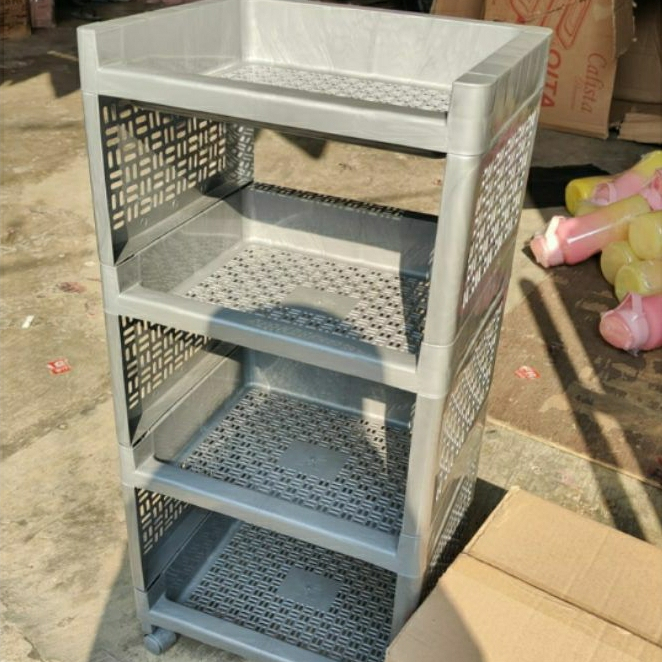 RAK YOYO 4 SUSUN HITAM ABU-ABU RAK SERNAGUNA RSTK + RODA (free bubble wrap)