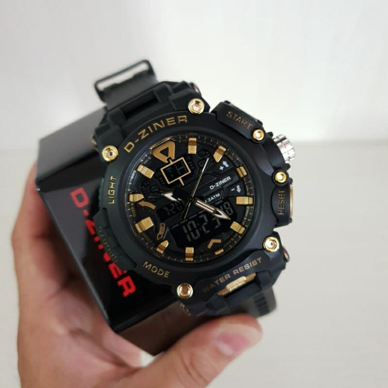 Jam tangan Sporty Original D-ZINER DZ 8298 Black Gold Dual time include tin box