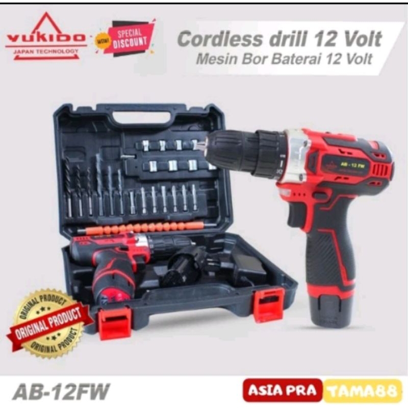 100%( ORI )YUKIDO Red 12V 36V  Mesin Bor Cordless bor listrik 2 baterai set - 12V  1Baterai