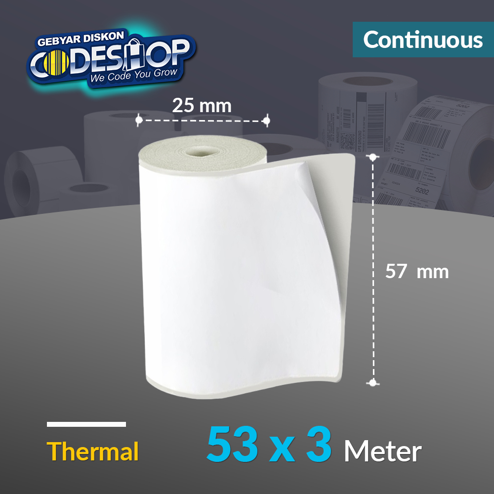 

Codeshop Label Thermal 53 x 3 M Continuous Coreless Stiker Printer Bluetooth 58mm Panjang 3 Meter