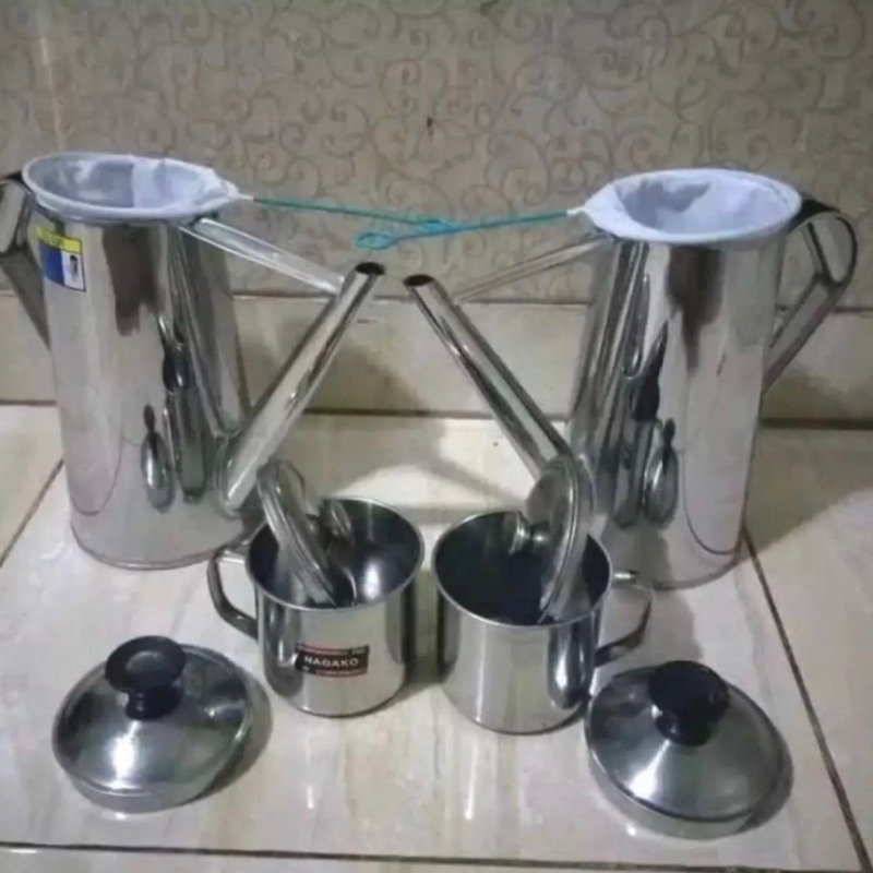 teko thai tea set 2 teko thai tea 2 saringan kain 2 mug stainless/teh tarik/kopi